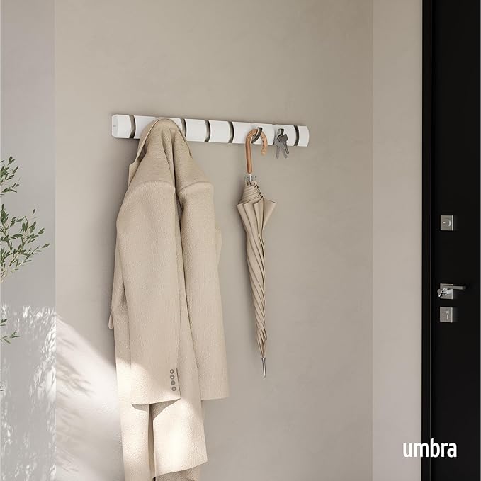 Umbra Flip Wall-Mounted Coat Rack Rail Hook for Hats, Jackets, Bags and More – Modern, Space-Saving Storage Organizer for Entryway, Mudroom, Closet, Bathroom, Bedroom, Kids Room, or Nursery, 8 Hooks,