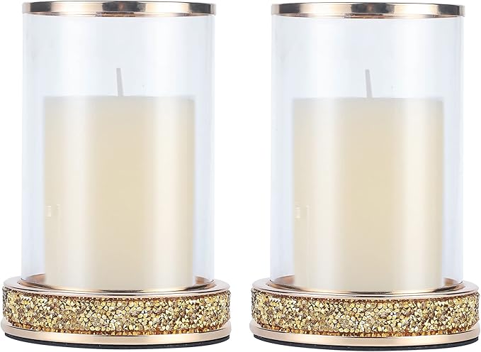 Pillar Candle Holders Set of 2,Hurricane Candle Holders,Candlesticks Holder With Glass Hurricane Lid,Metal Candle Holder For Coffee Dining Table, Wedding, Christmas, Home Decoration,Gold Candle Holder