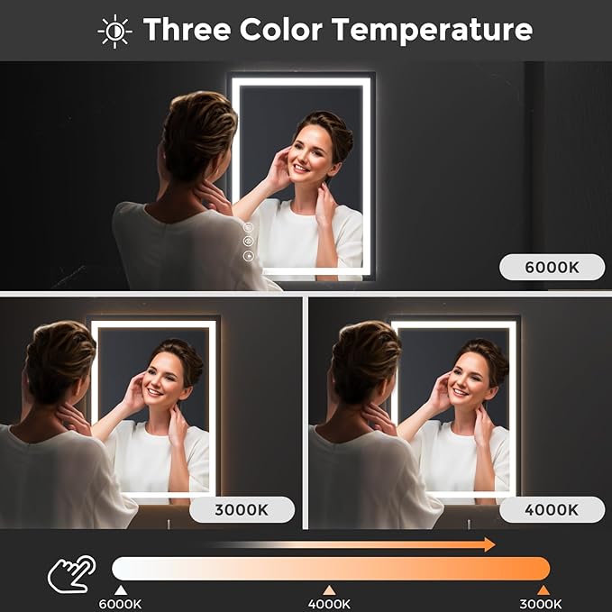 Koonmi 20x28 LED Bathroom Mirror, Backlit + Front Lit, LED Bathroom Mirror with Lights for Wall, 3 Colors, Anti-Fog, Dimmable Brightness, Memory Function, Tempered Glass