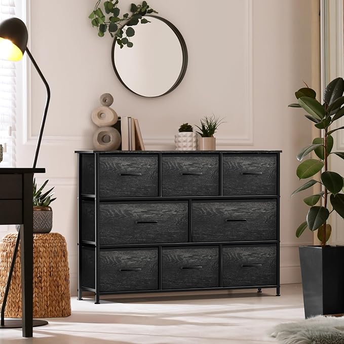 Sorbus Dresser with 8 Faux Wood Drawers - Chest Organizer Unit with Steel Frame Wood Top & Handle Easy Pull Fabric Bins for Clothes - Wide Storage Furniture for Bedroom Hallway, Living Room & Closet