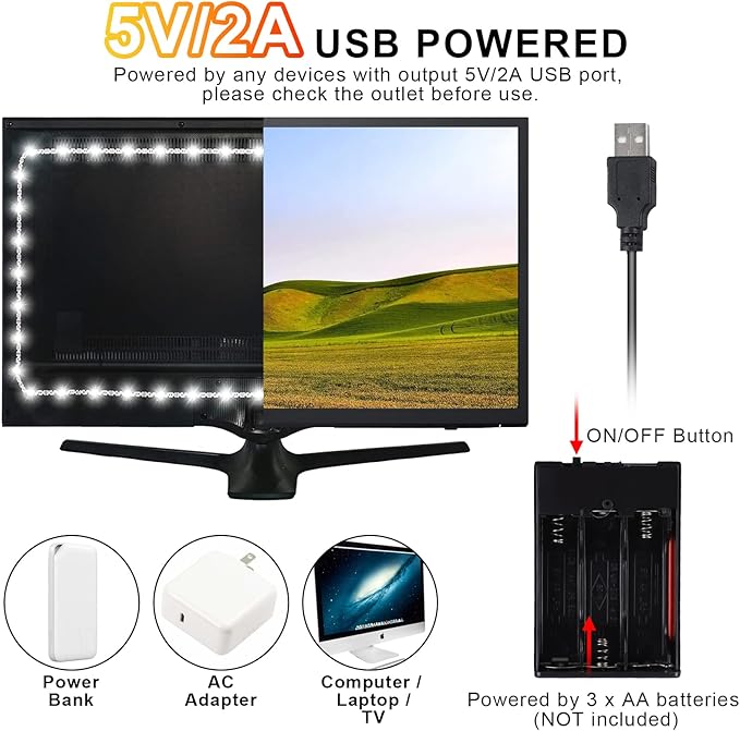 16.4FT Daylight White LED Strip Light with USB Plug+Battery Box Operated, 6000K Soft White Ribbon Strip, Adhesive 300LED Flexible Strip Tape for Kitchen Bedroom Under Cabinet TV Computer
