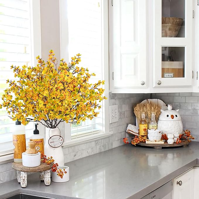 Uieke 6Pcs Artificial Fall Flowers Babys Breath Flower Bulk Fake Silk Flowers Artificial Gypsophila Bouquet Floral for Home Festival Wedding Party Kitchen Bedroom Xmas Décor (Yellow)