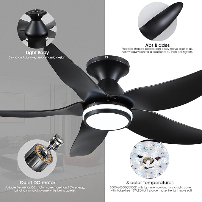 46 inch Ceiling Fans with Lights and Remote/APP Control, Modern Flush Mount Ceiling Fans with 5 Reversible Blades 6 Speeds, 3 Colors Dimmable+Ring Lights for Bedroom Dining Room, Black