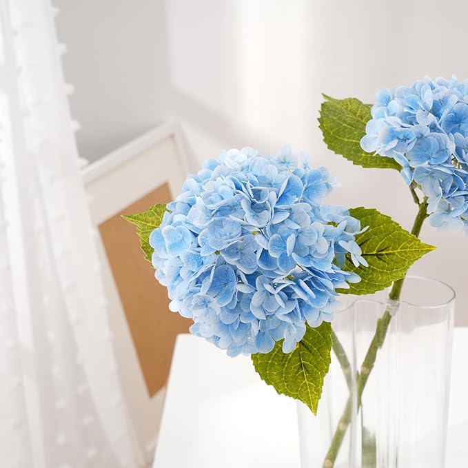 Waipfaru 21" Real Touch Blue Hydrangea Artificial Flowers with Long Stem & Leaves, Full Latex Faux Hydrangea Flowers for Home Decor Party Floral Arrangements Wedding Bouquets Centerpieces, 2Pcs