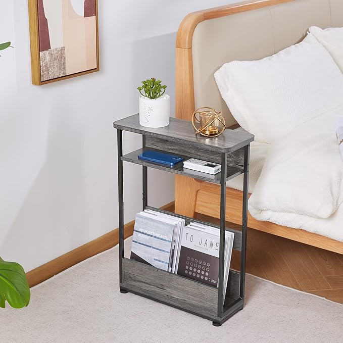 Vintage Narrow Side Table with Storage Shelf, 3 Tier Slim End Table Modern Sofa Table for Narrow and Small Spaces, 24.6 Inch Height Bedside Table Nightstand (Grey, Large)