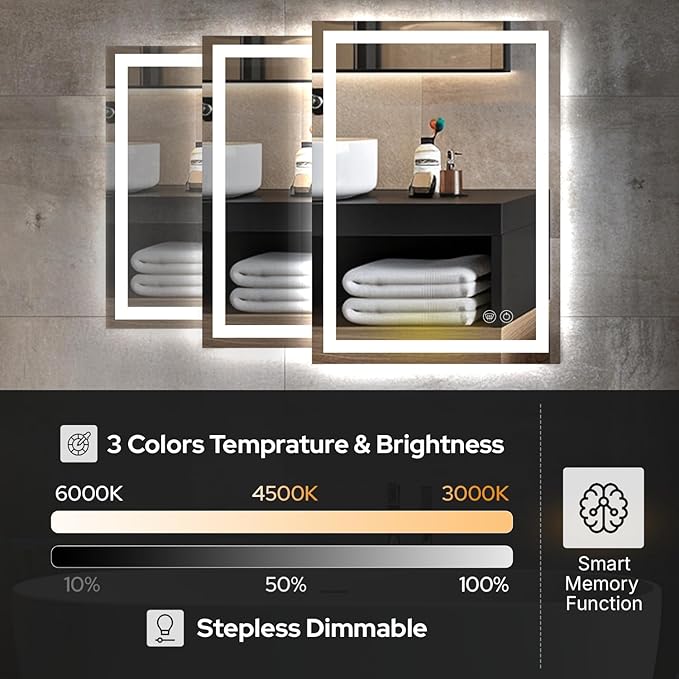 55 x 36 LED Bathroom Mirror with Lights, Lighted Bathroom Vanity Mirror for Wall, Espejos para Baños, Frontlit & Backlit, Anti-Fog, Shatterproof, 3 Adjustable Color Temperatures & Memory Function