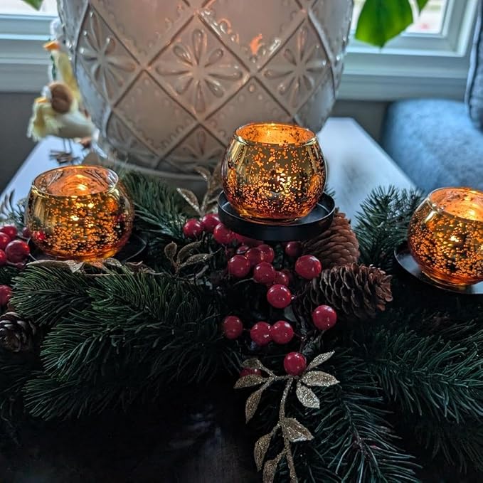 12pcs Gold Round Votive Candle Holders,Glass Gold Mercury Glass Votive Candle Holders Round Tealight for Christmas Decoration, Table Centerpieces, Weddings, Shower Gift