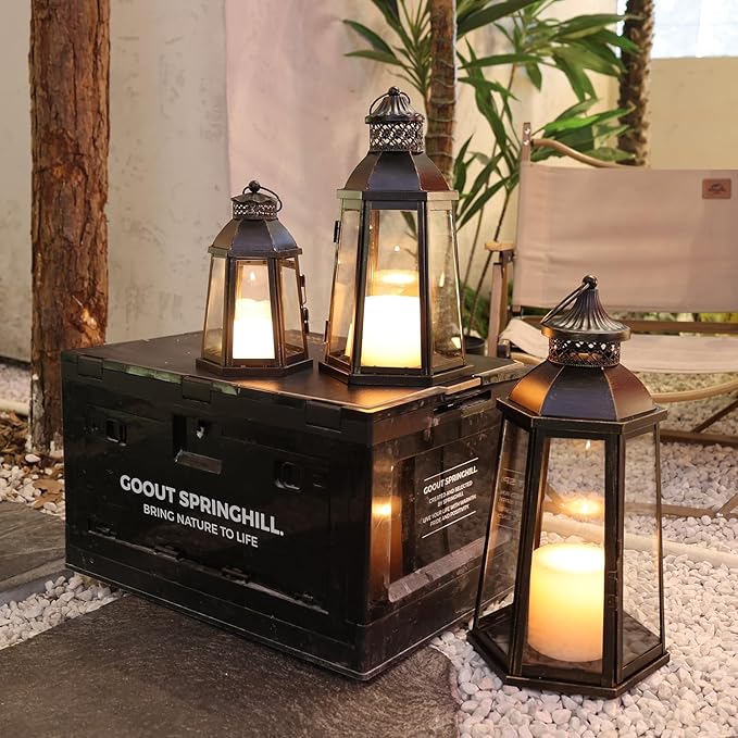 DECORKEY 19’’&16’’&8’’ Lanterns Decorative Outdoor & Indoor, Large Lantern for Front Porch, Metal Frame Candle Holders with Glass, Vintage Patio, Pathway, Balcony, Garden, Yard Decor
