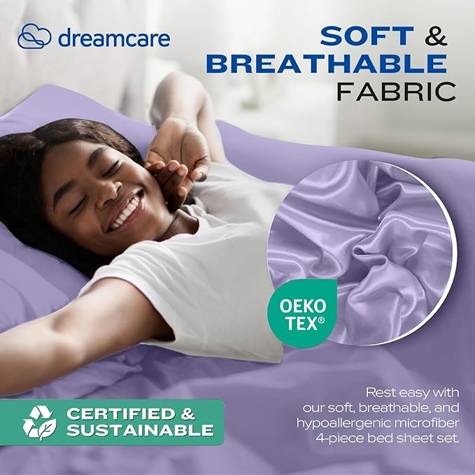 DREAMCARE Full Size Sheets Set - 4 Pcs Cooling Bed Sheets with Up to 15" Deep Pockets - Soft, Long-Lasting 100% Brushed Polyester with Side Pocket (Lavender)