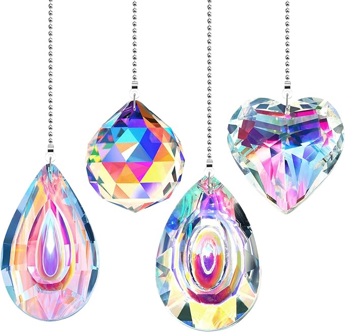 4 Pieces Crystal Ceiling Fan Pull Chain Decorative Rainbow Pull Chain Extension 20 Inch Ceiling Ornament with Ball Connector(Longan, Water Drop, Heart, Round)