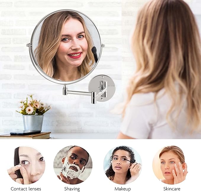 OVENTE 9" Wall Mounted Makeup Mirror with 1X/10X Magnification, Double Sided Magnifying Round Bathroom Vanity Mirror, 360° Swivel Design, Extendable and Folding Arm, Polished Chrome MNLFW90CH1X10X