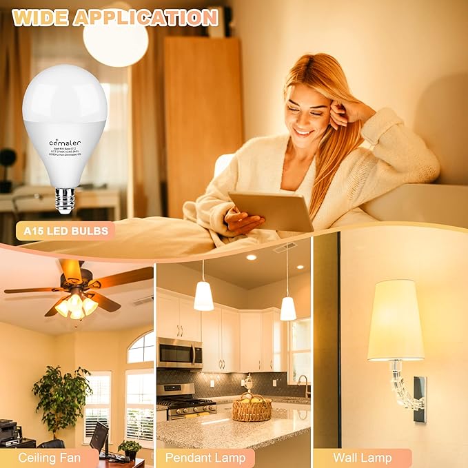 comzler Ceiling Fan Light Bulbs E12 Small Base, A15 LED Bulb 2700K Soft Warm White Candelabra LED Bulb 6W (60watt Equivalent), Chandelier Light Bulbs CRI85+ 600 Lumens No-Dimmable Pack of 8