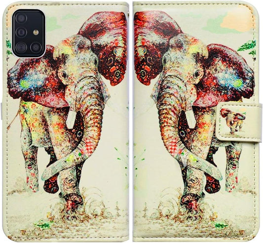 Galaxy A51 Case, Elephant Pattern Leather Flip Wallet Cover with Card Slot Holder for Samsung
