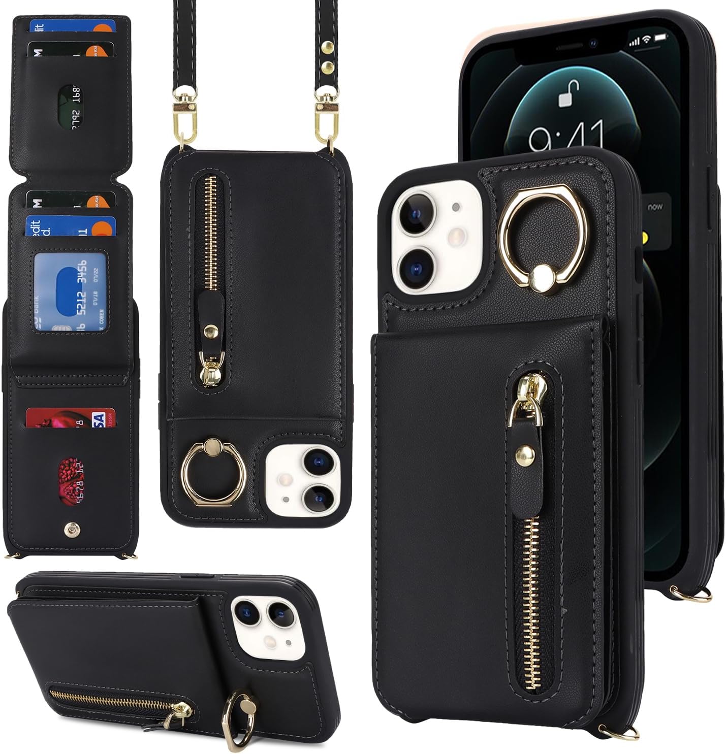 iPhone 12 Case Wallet with Card Holder for Women, Crossbody with Strap, Kickstand Zipper Case - Black