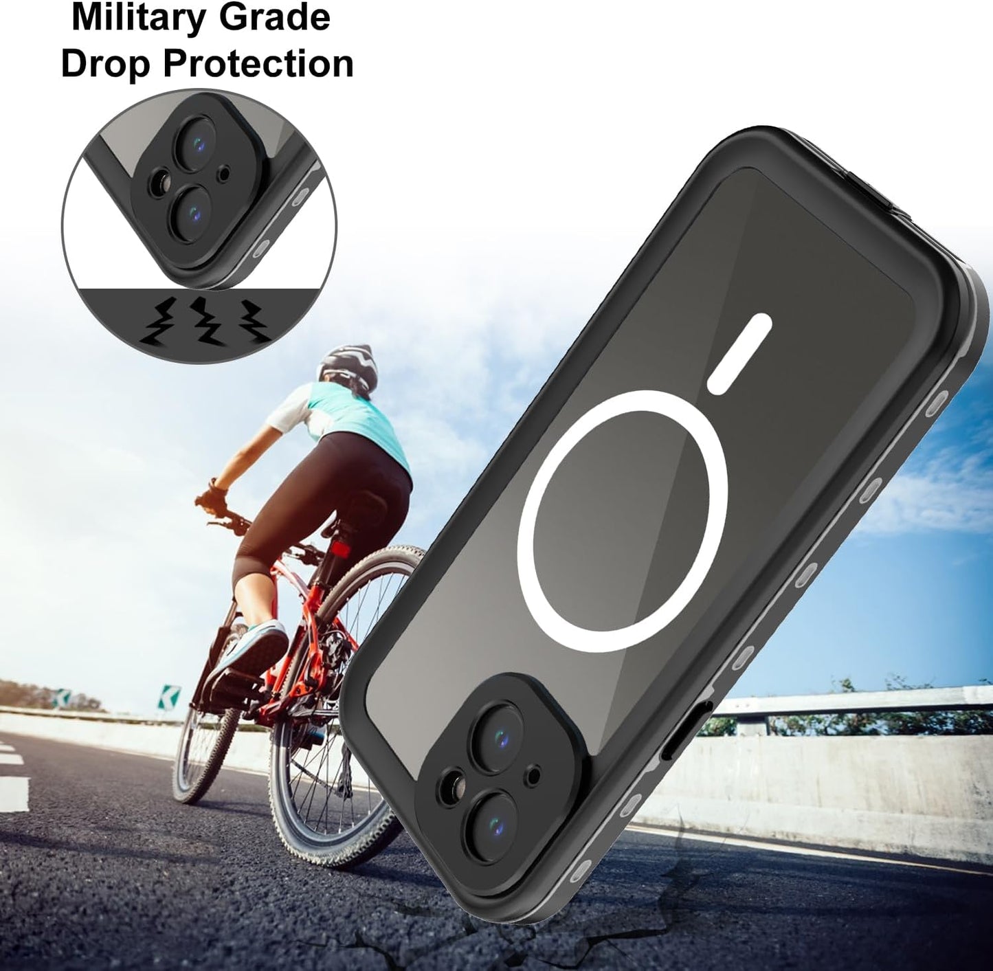 Full Body Case for iPhone 15 Plus 6.7 Inch, Waterproof Anti-Scratch Clear Magnetic Rugged Protector, Black-Gray