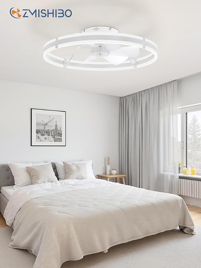 ZMISHIBO 24 Inch Ceiling Fans with Lights and Remote, Modern Low Profile Ceiling Fan, 3000-6000K Dimmable Flush Mount LED Fan Light, 6 Wind Speeds, Fandelier Ceiling Fans for Bedroom- White
