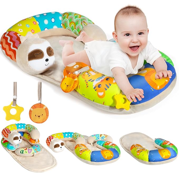 URMYWO Tummy Time Mat - 4 in 1 Cozy Tummy Time & Seated Support Pillow, Tummy Time Pillow for Newborn 0-12 Months, Infant Baby Sit Me Up Floor Seat Early Sensory Development Gifts Tummy Time Play Toys