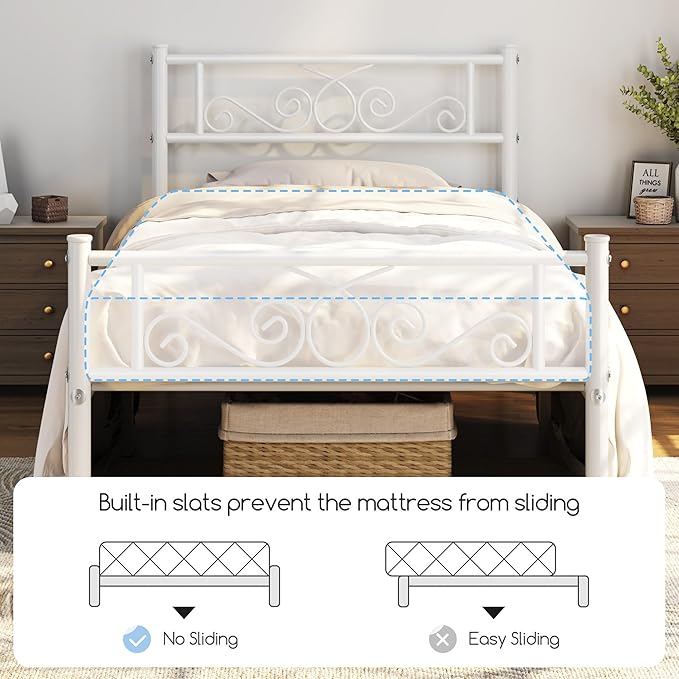 Yaheetech Twin Bed Frames Metal Platform Bed with Headboard and Footboard No Box Spring Needed Easy Assembly,Under-Bed Space: 12.6''/White/Twin Bed