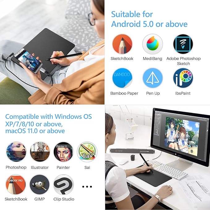 T605 Drawing Tablet 6.7x4 inch Graphic Digital Drawing Tablet with 8192 Pen Pressure 6 Customized Hot Keys Art Tablet for OSU Online Teaching Designing Beginners Work with Mac PC Android