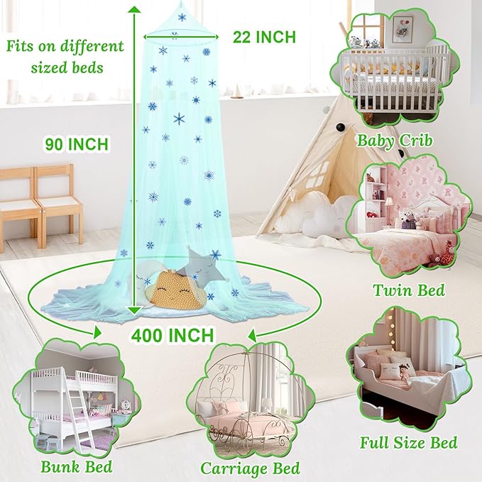South to East Bed Canopy for Girls with Glowing Snow in The Dark, Cyan Princess Bed Curtains for Kids Bed & Toddler Bed, Twin, Full & Queen, Mosquito Net Canopy for Girls