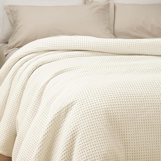 PHF 100% Cotton Waffle Weave Blanket King Size for Bed,Snag Proof Lightweight Breathable Moisture-Wicking Throw for Couch,Great for Layering in Cold Weather,Machine Washable,Home Decor Gift-Cream