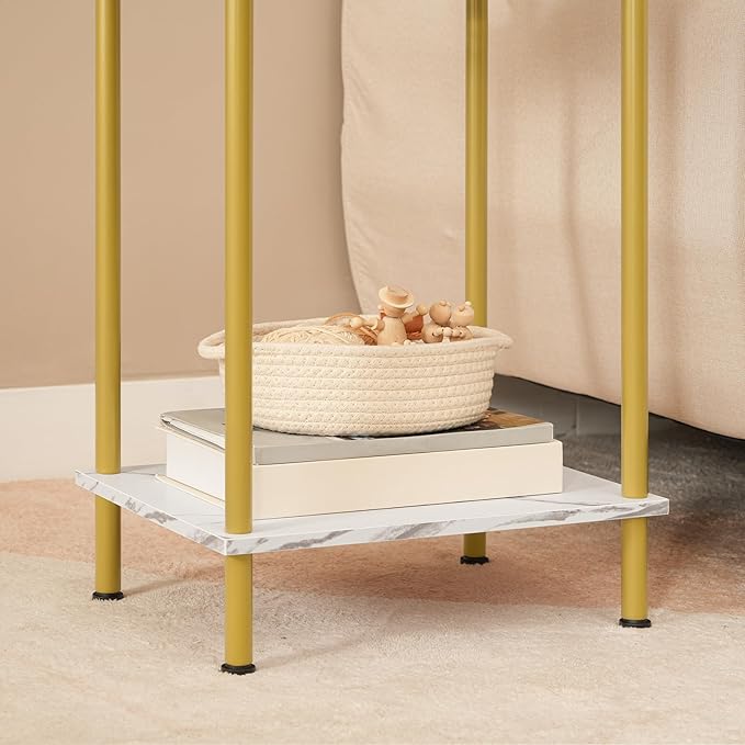 HOOBRO Side Table with Charging Station, Set of 2 End Tables with USB Port and Outlet, Nightstand with 2-Layer Storage Shelves for Small Spaces, Living Room, Bedroom, Gold and Marble DM09UBZP201