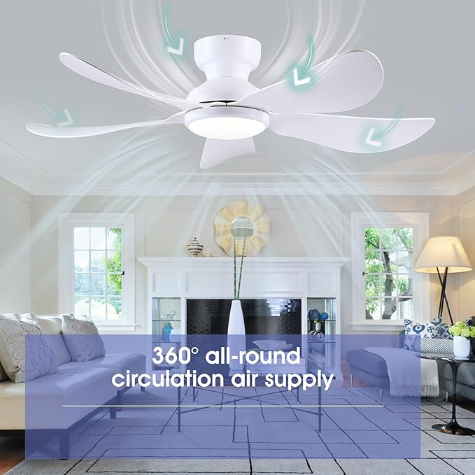 46 Inch Modern Ceiling Fans with Lights, Flush Mount Ceiling Fan with Light and Remote/APP Control, 5 Reversible 6 Speeds Curved Blades, 3 CCT Dimmable Lights for Bedroom, White