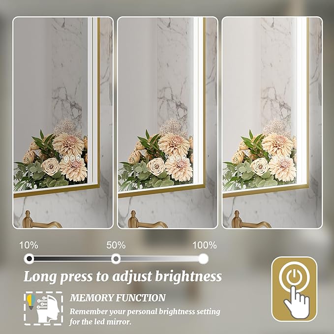 24x36 Inch LED Bathroom Mirror, Gold Metal Framed Lighted Mirror for Bathroom, Wall Mouted LED Vanity Mirror with Lights, 3 Colors and Stepless Dimmable, Anti-Fog, Memory