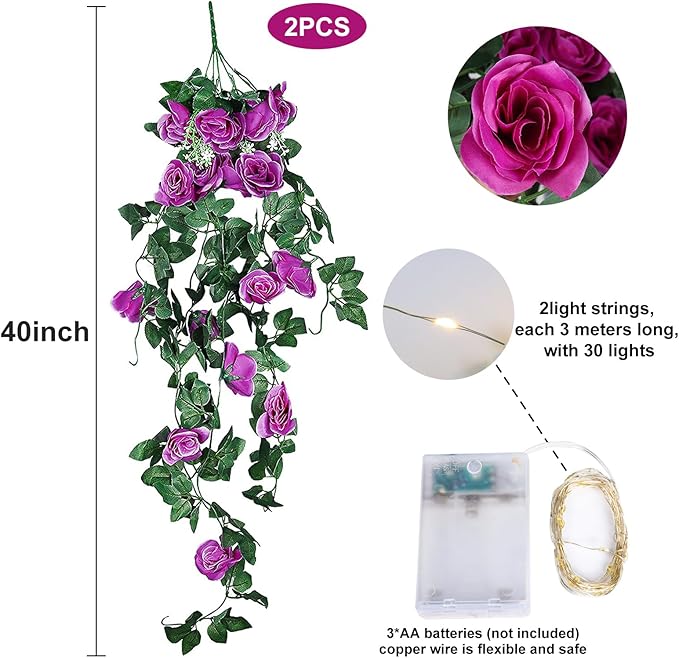RECUTMS Artificial Hanging Rose Flower 2PCS 3.3Ft Flowers for Outdoors with 30 LED Fairy String Lights Fake Indoor Outdoor Wall Wedding (Purple)