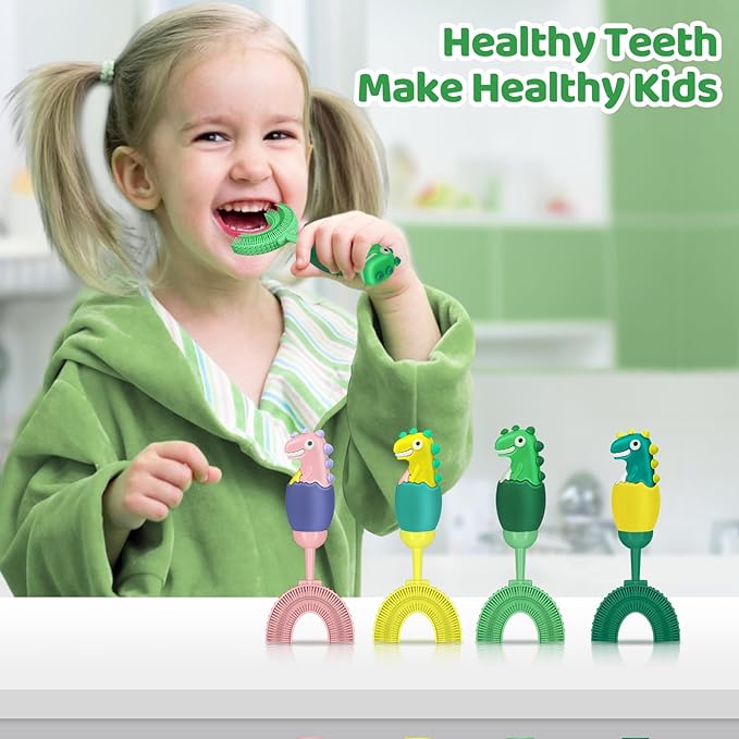 U-Shaped Toothbrush for Kids Ages 2-7， Soft Food-Grade Silicone for Sensitive Gums， 360° Teeth Cleaning Design，Training & Travel-Friendly Toddlers' Toothbrush (Green)