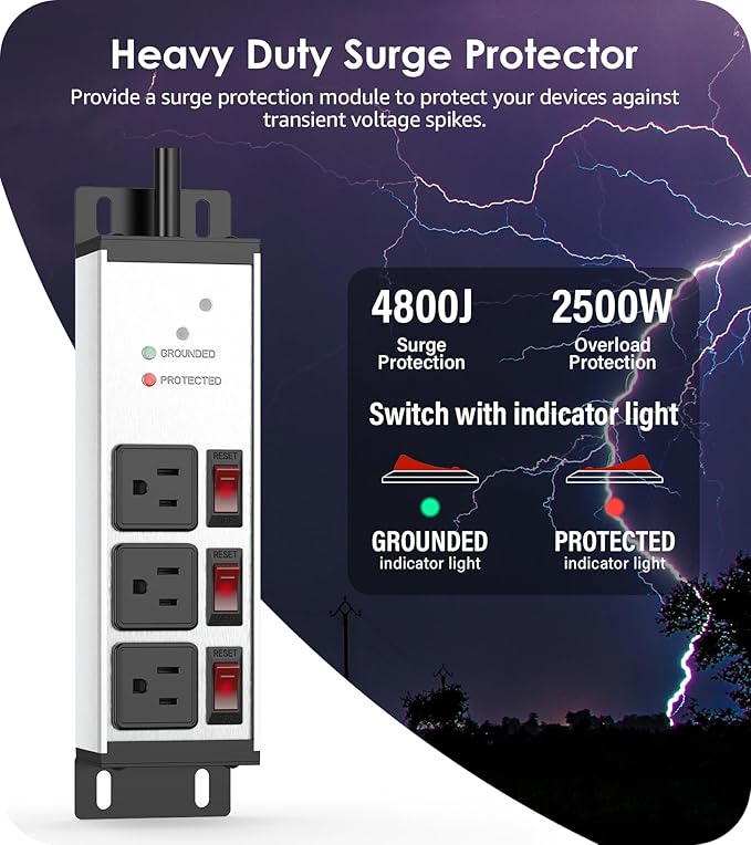 CCCEI 3 Outlet Heavy Duty Surge Protector Power Strip 20 Amp Individual Switches. 12 Gauge Extension Cord, Overload, Ground Protection. Garage Wall Mount Electric Extender, 25FT, Silver.