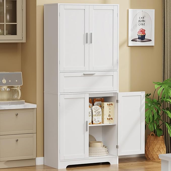 Iwell Tall Storage Cabinet with Adjustable Shelf & 1 Large Drawer, Pantry Cabinet with 4 Doors, Bathroom Cabinets, Kitchen Cabinets for Dining Room, Living Room, Home Office, White