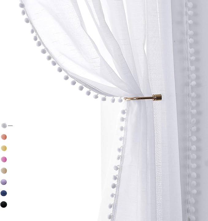 Treatmentex Pompom Sheer White Curtains for Living Room 84" Long Linen Textured Window Curtain Draperies for Bedroom 52" W, 1 Pair