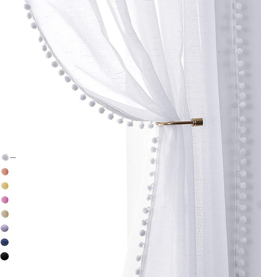 Treatmentex Pom-Pom Sheer White Curtains Extra Long 108-inch for Living Room, Slub Linen Textured White Sheer Window Drapes for Bedroom 2 Pack 52" w