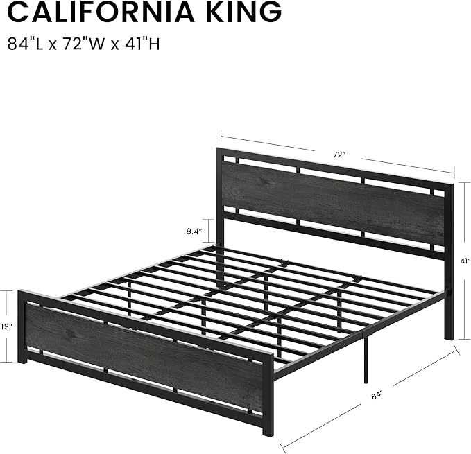 LIKIMIO California King Bed Frame with Headboard and Footboard, Metal Strong Supports, Easy Assembly, Noise-Free, No Box Spring Needed, Charcoal Grey
