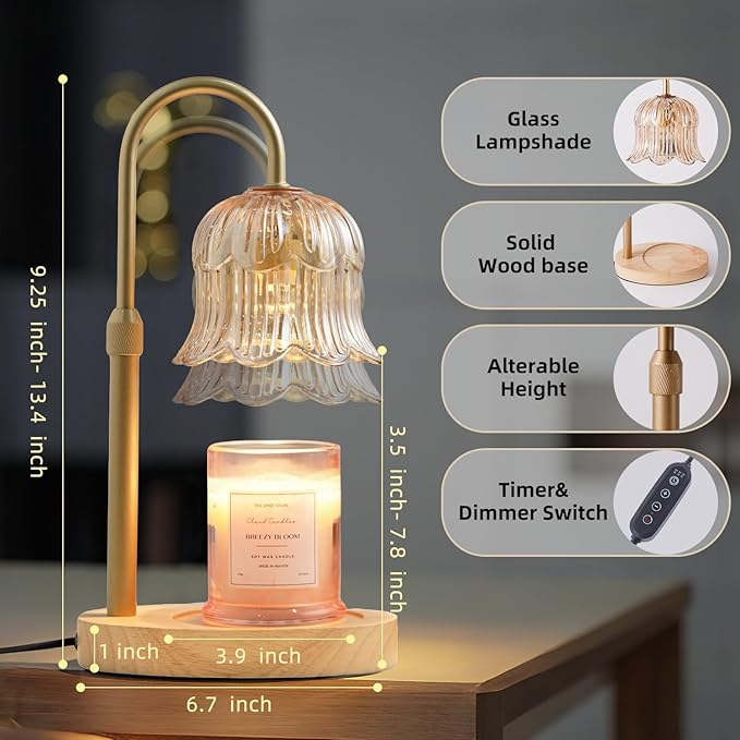 Candle Warmer Lamp with Timer: Adjustable Dimmable Height Adjustable - Flower Amber Shape Wax Lamp Jar Candles Modern Home Decor Table Lights - Bedroom Decor