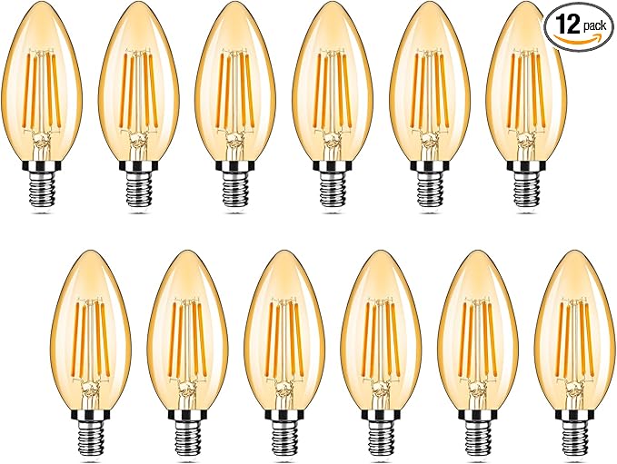12-Pack Dimmable E12 LED Candelabra Bulbs 40Watt Equivalent, 2200K Amber Warm White, 380Lumens, 4W B11 Amber Chandelier Light Bulbs, LED Filament Clear Glass Candle Lamp for Ceiling Fan Home Decor