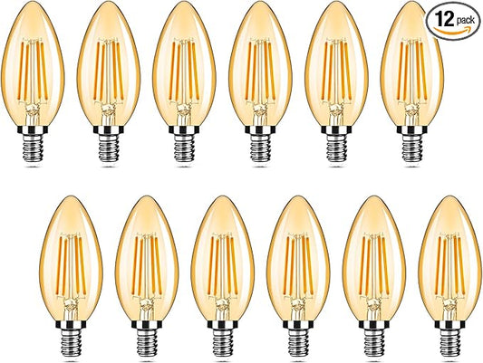 12-Pack Dimmable E12 LED Candelabra Bulbs 40Watt Equivalent, 2200K Amber Warm White, 380Lumens, 4W B11 Amber Chandelier Light Bulbs, LED Filament Clear Glass Candle Lamp for Ceiling Fan Home Decor