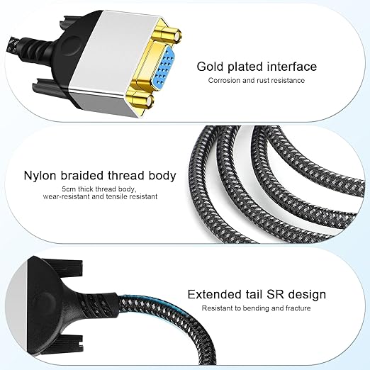 HDMI to VGA Adapter Cable 8 inch Uni-Directional Only,Gold-Plated 1080p@60Hz HDMI Male to VGA Female Braided Cord for PC,Laptop,Monitor,HDTV, Roku, Xbox, PS5