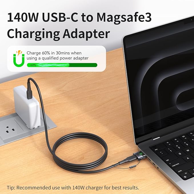 mcdodo 140W USB-C to Magsafe 3 Adapter with LED Light, Portable and Lightweight Magnetic3 Adapter Fit for MacBook Pro M5 M4 M3 M2 M1 (2021-2025) 14"/16", MacBook Air M4 M3 M2 (2022-2025) 13"/15"
