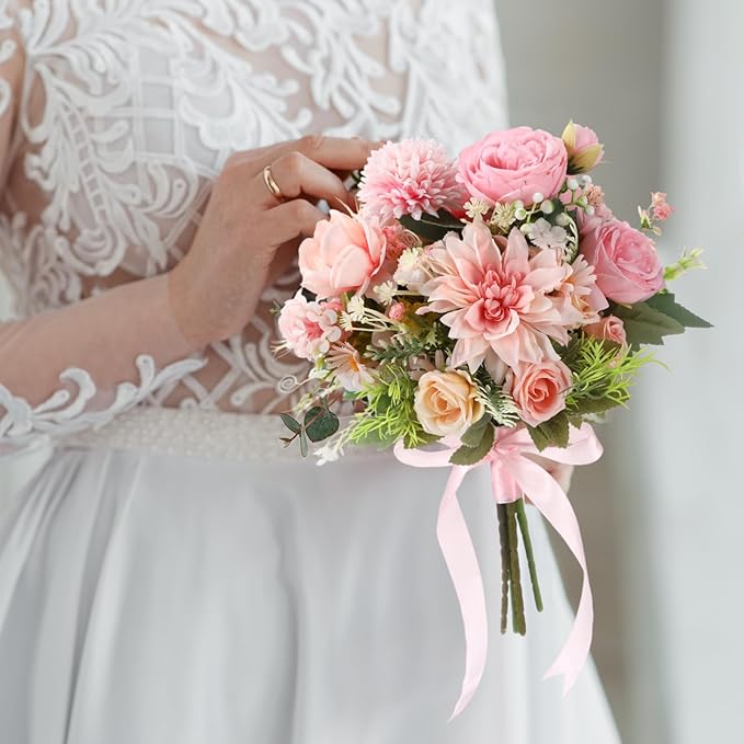 Zeyune 12 Bundles Artificial Peonies Flowers Artificial Silk Rose Faux Dahlia Fake Chamomile Hydrangea Bouquet Bulk for Vase Home Wedding Centerpiece Party Decoration(Blush Pink,Sweet)
