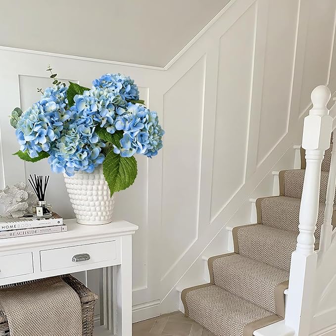 Light Blue Flowers Hydrangea Artificial Flowers, 4PCS 21" Latex Real Touch Vintage Lifelike Silk Flowers,Faux Hydrangea Bouquet Fake Flowers for Wedding Centerpieces Tables Party Outdoor Home
