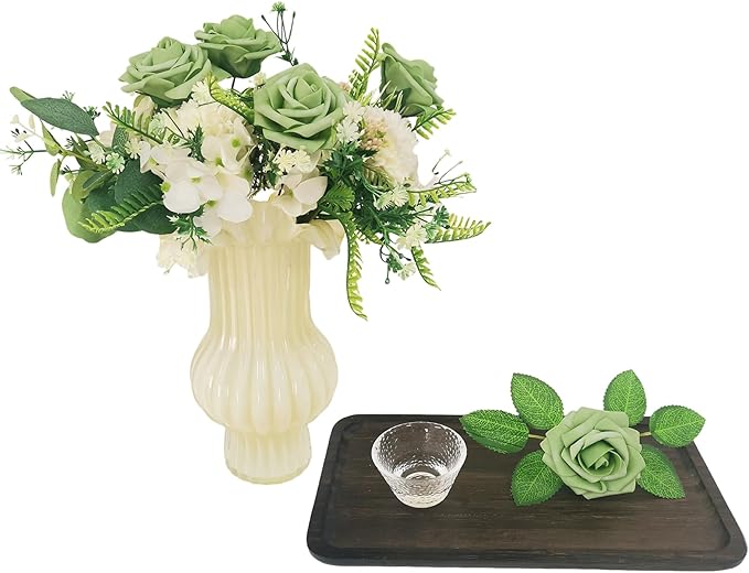 Artificial Rose Flowers 25pcs, Matcha Green Foam Fake Rose Faux Flower for Wedding Bouquets Bridal Shower Centerpieces Floral Arrangements Home Decorations Party Backdrops Table