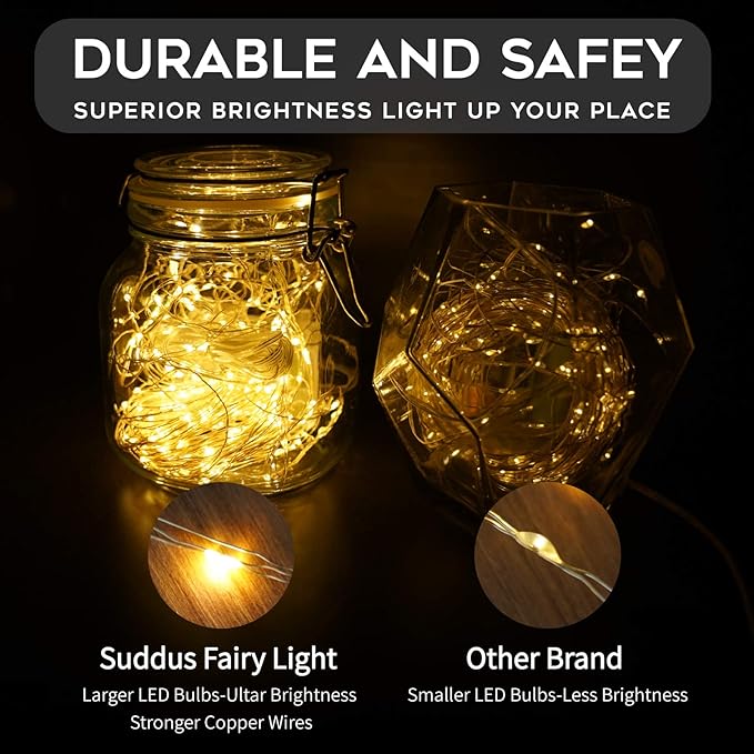 suddus 66ft 200 LED Outdoor String Lights, Warm White Christmas Fairy Light Battery Operated with Remote, Led Twinkle Lights for Bedroom, Dorm, Patio, Fireplace, Backyard, Garden, Xmas, Party, Indoor