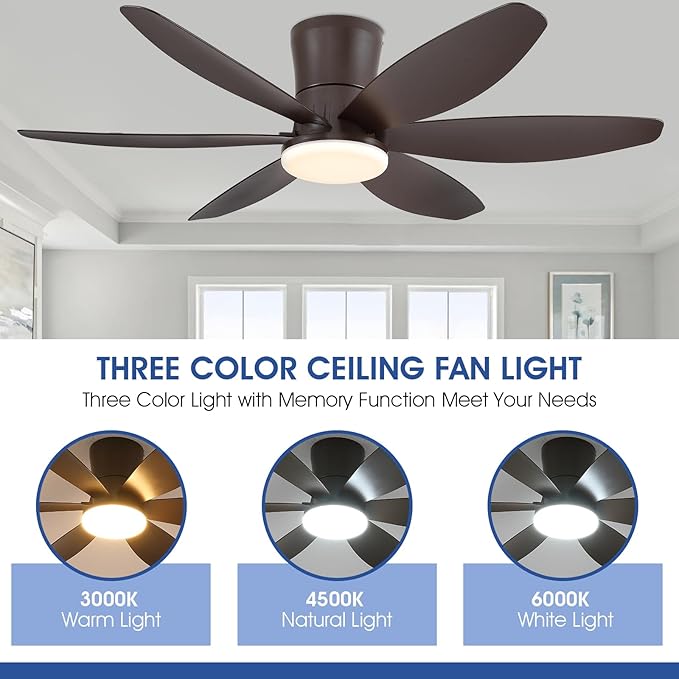 48In Ceiling Fans with Light and Remote/APP Control, 6-Blade Reversible Motor Ceiling Fan, 3-Color Dimmable Lighting, All-Brown Finish