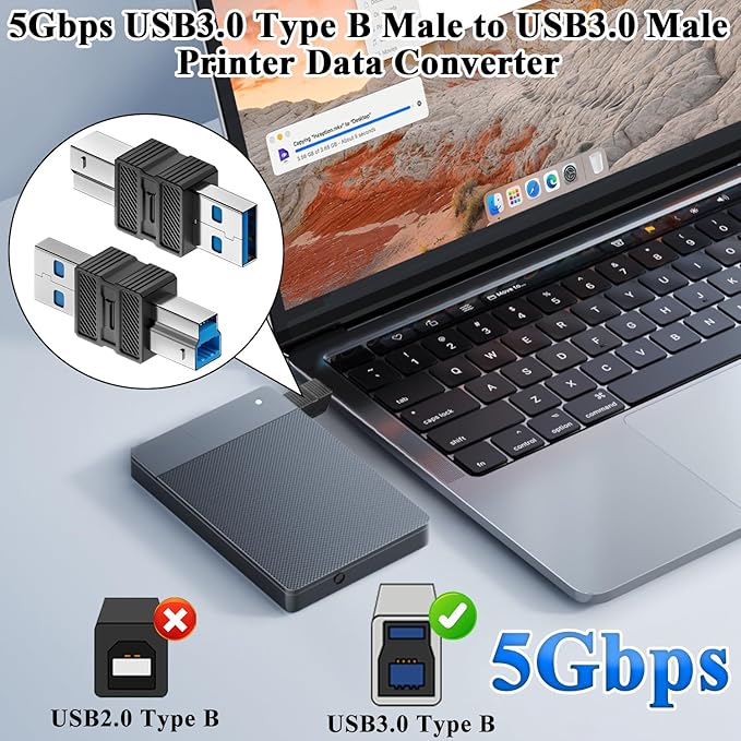 QIANRENON USB3.0 Type B to USB-3.0 Printer Adapter 5Gbps USB3.0 B Male to A Male Data Connector USB-B 3.0 to USB-A Converter, Not for Type-B 2.0, for Computer External Hard Drive Scanner, 2Pcs