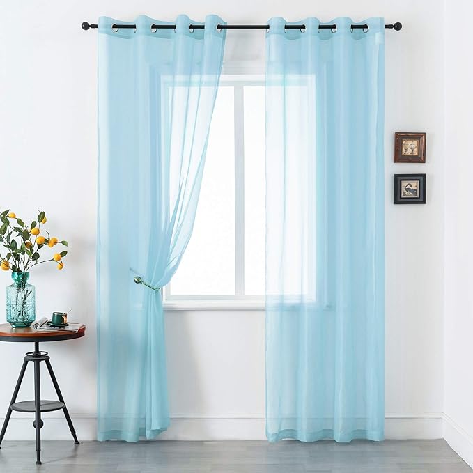 DUALIFE Sky Blue Voile Sheer Curtains Grommet,Look Semi Natural Light Flow Sheer Drapes,Elegant Solid Color Touch Soft Drapes for Living Room Bedroom,Set of 2 Panels 52X120 Inch Long 10 FT Baby Blue