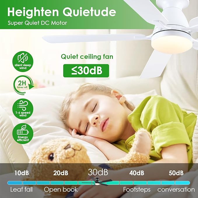 Ceiling Fans with Lights, 56" Flush Mount Ceiling Fan with Light and Remote/APP Control, Low Profile, Modern Ceiling Fan Reversible, Dimmable, Noiseless, White for Bedroom
