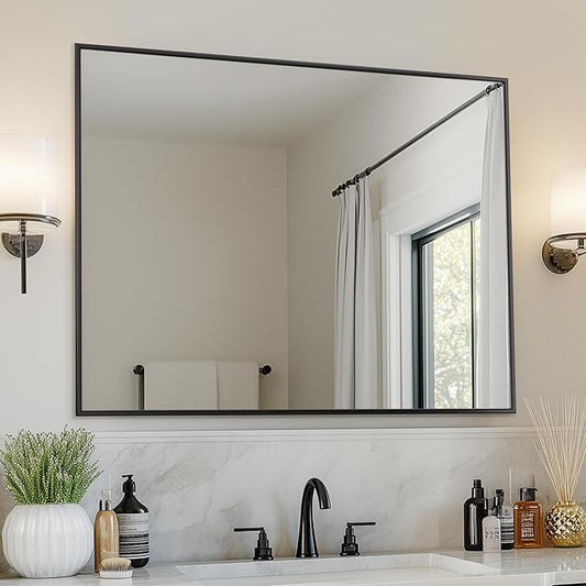 Antok Bathroom Mirror,40"x32" Wall Mirror, Decorative Mirrors Vanity Mirror Aluminum Alloy Frame Contemporary Hanging Mirror for Living Room Bathroom Entryway,Black,Rect Corner