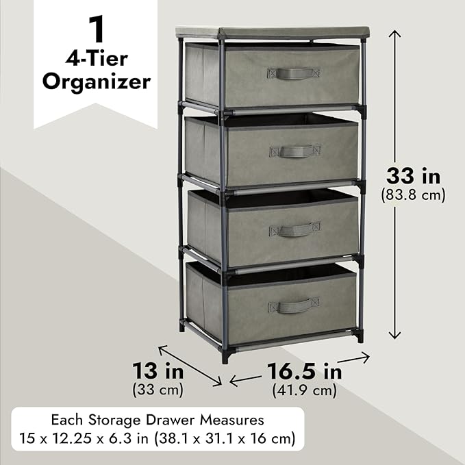 Juvale 4-Tier Dresser for Bedroom - 16.5 in x 13 in x 33 in, Light Gray Fabric, 4 Drawers - Narrow Closet Storage Drawers & Organizer - Steel Frame & Easy Assembly